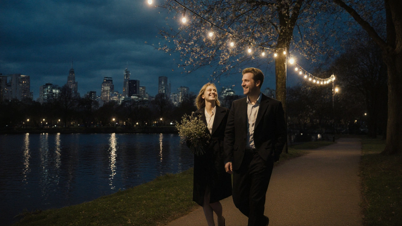 A BBW escort and client walking peacefully together along Hyde Park's lake at twilight.