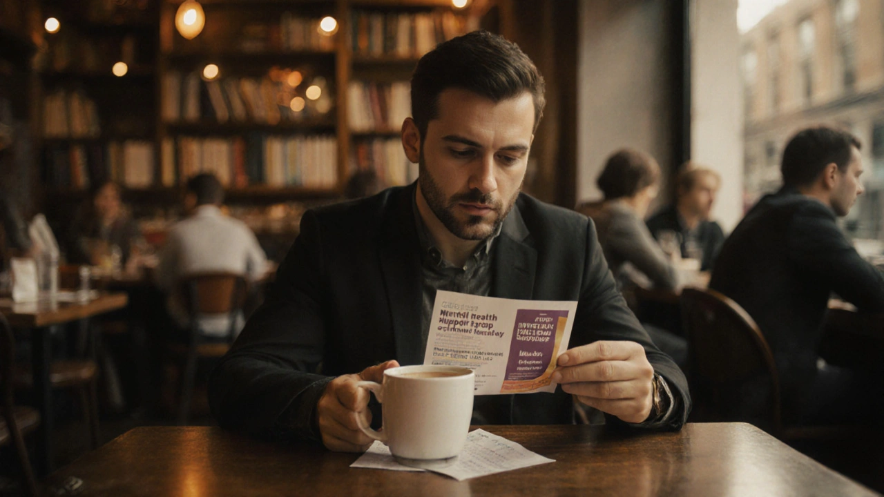 A man sits alone in a cozy café, gazing at a mental health support flyer, bathed in warm afternoon light.