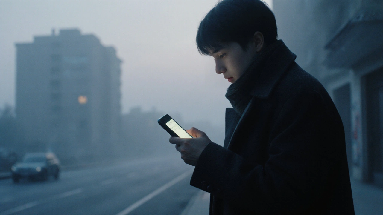 A person walking alone at dawn, phone glowing softly, city mist surrounding them.