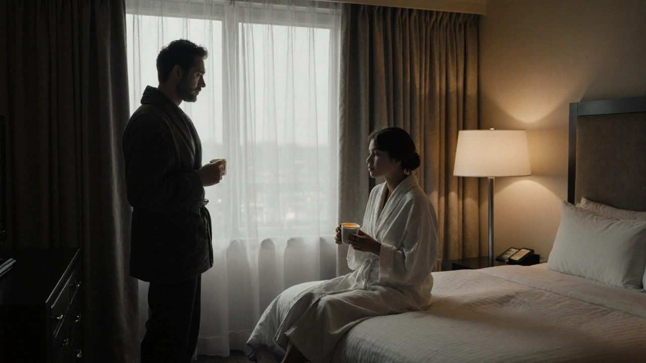 A quiet hotel room scene at night, two people sharing a peaceful moment without physical intimacy.