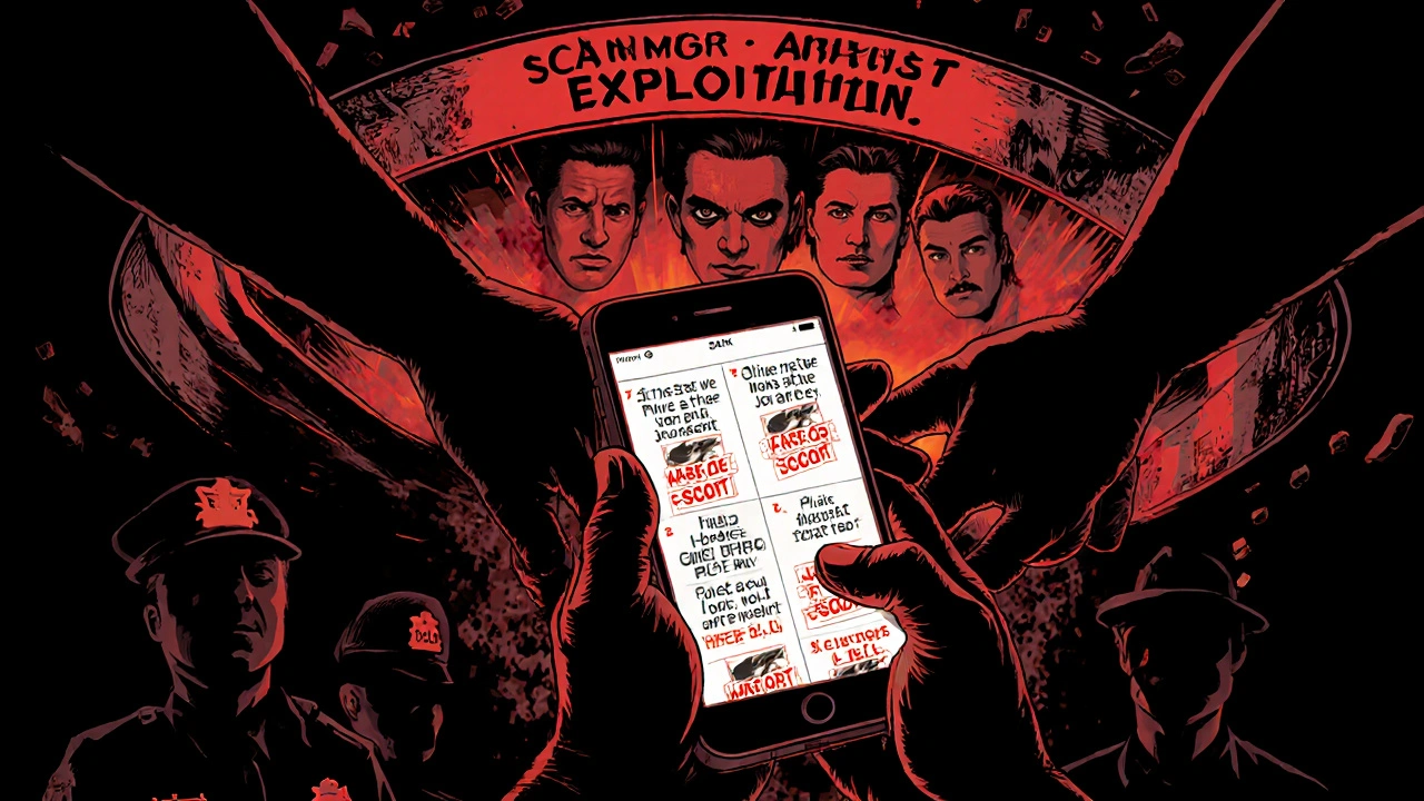 A smartphone displays fake escort ads as shadowy hands pull the user into a vortex of crime and exploitation.