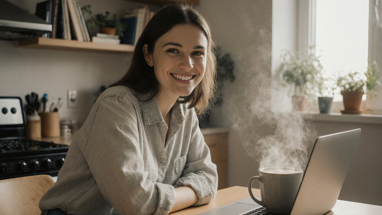 A woman smiling naturally at a kitchen table with books and a mug, morning light behind her.