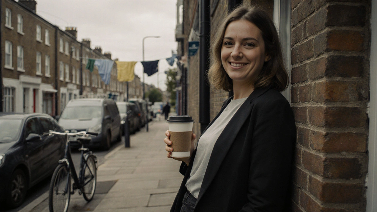 A woman standing outside her residential flat in Brixton, holding a coffee cup, calm and grounded.