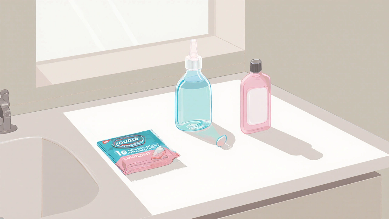 Bathroom counter with condoms, lubricant, and hand sanitizer arranged neatly in pastel tones.