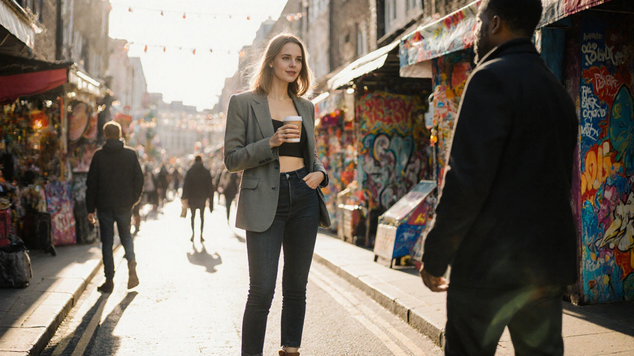 Casual BBW escort holding coffee on a bustling Camden street.
