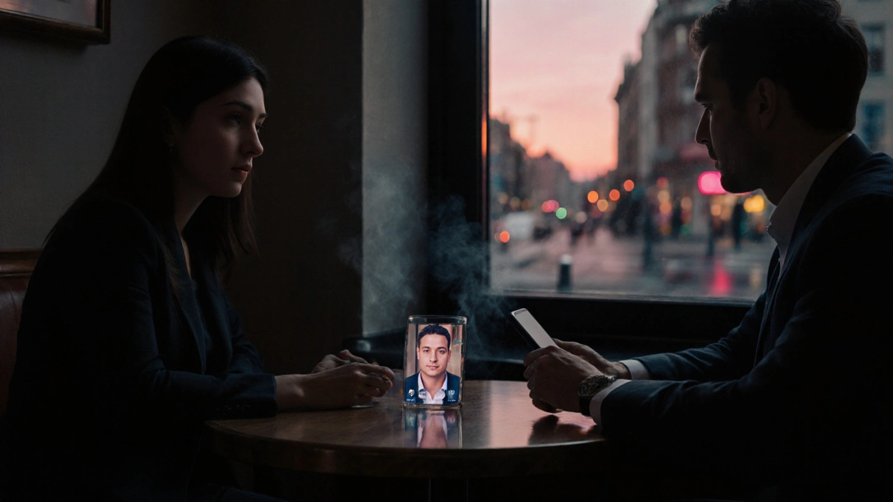 Client and escort on a video call in a dim cafe before meeting.