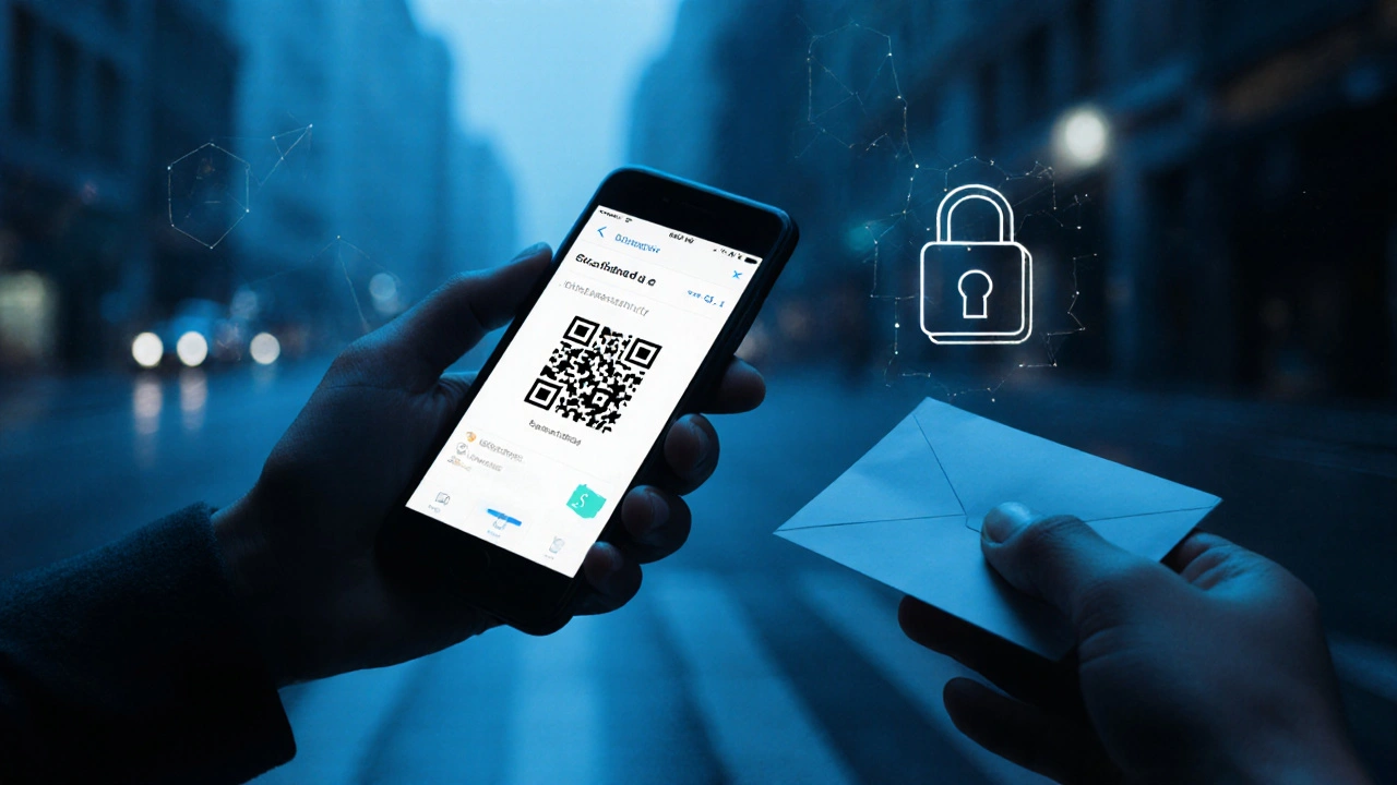 Close‑up of hands exchanging a QR code payment on a phone and a sealed envelope.