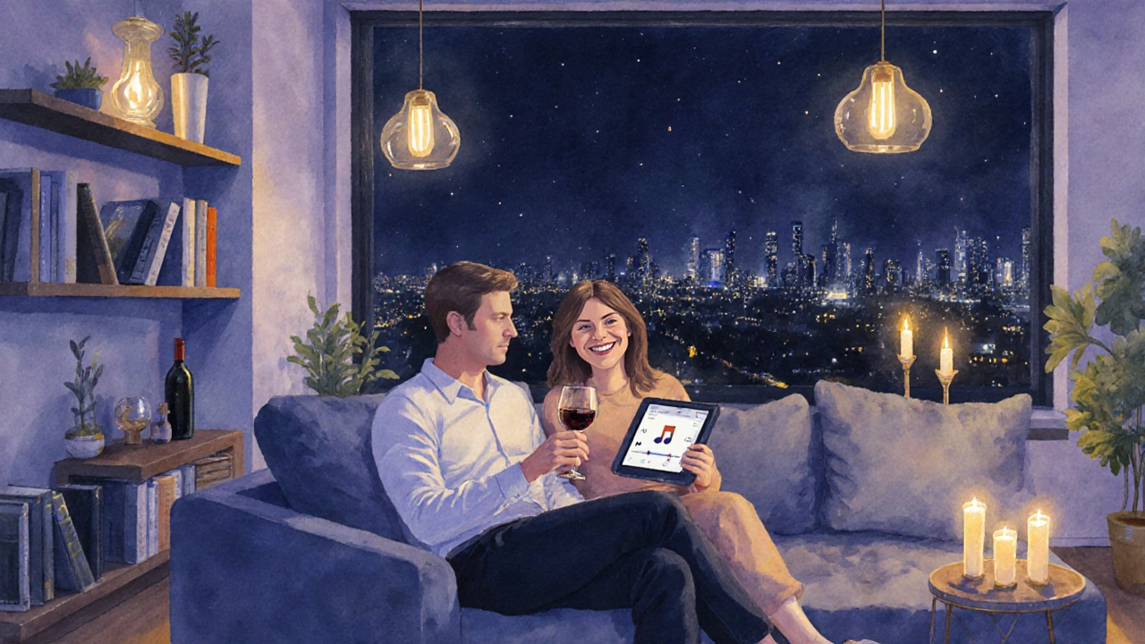 Companion and client sharing wine in a cozy Camden flat at night.
