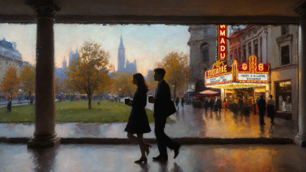 Couple walking hand‑in‑hand through a museum gallery under soft lighting.