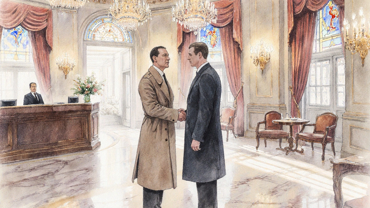 Discreet handshake between escort and client in a grand London hotel lobby.
