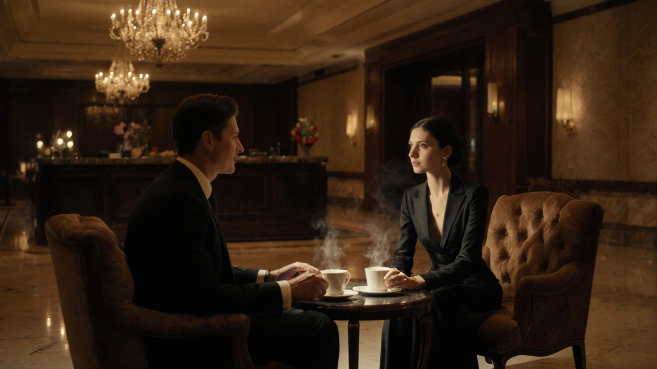 Discreet meeting in a hotel lobby with a client and escort sharing coffee.