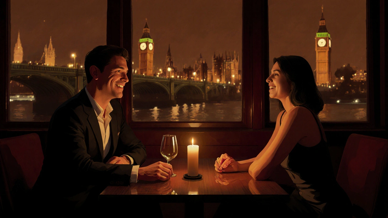 Elegant candlelit dinner for two in a London restaurant, with a subtle city backdrop.