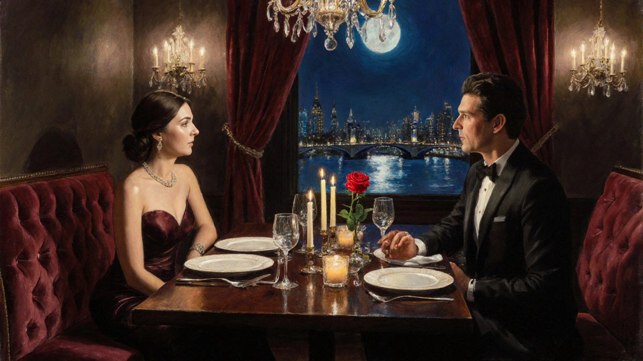 Elegant candlelit dinner with a companion and client in a high‑end London restaurant.