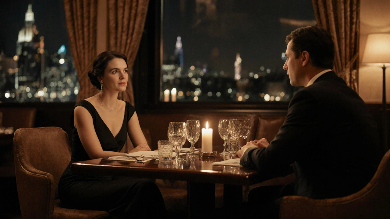 Elegant companion and client sharing a candlelit dinner in a Mayfair restaurant.