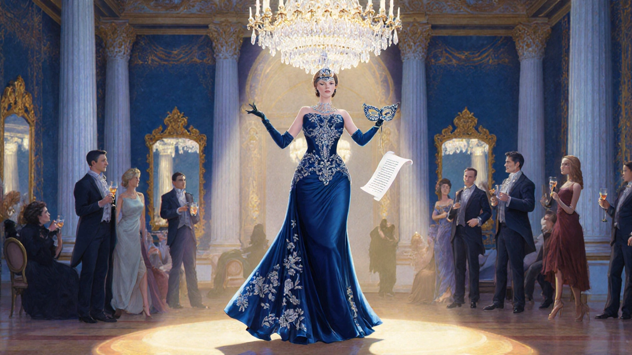 Elegant courtesan commanding attention at a lavish Parisian ballroom.