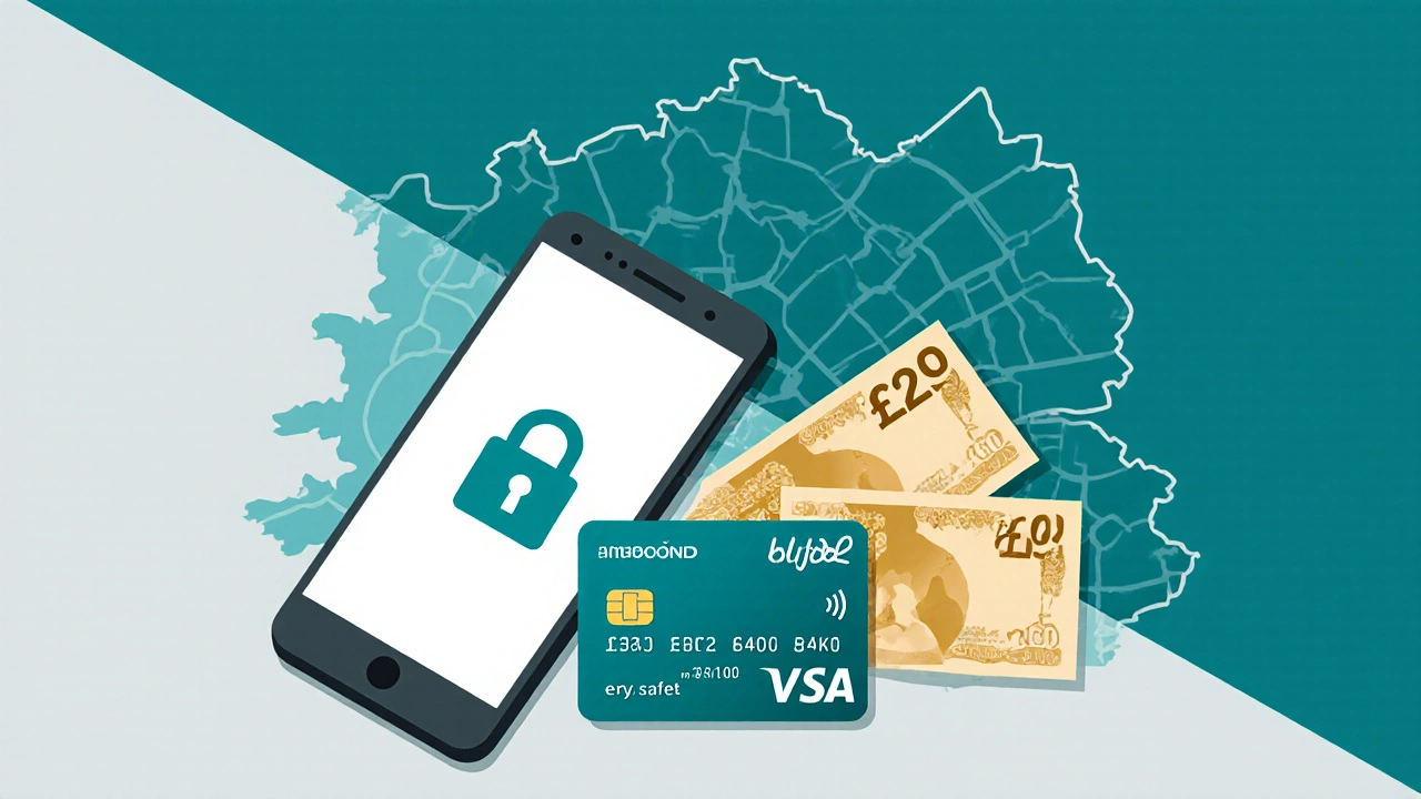 Flat lay of prepaid card, cash, and secure payment app symbolizing safe, anonymous payment.