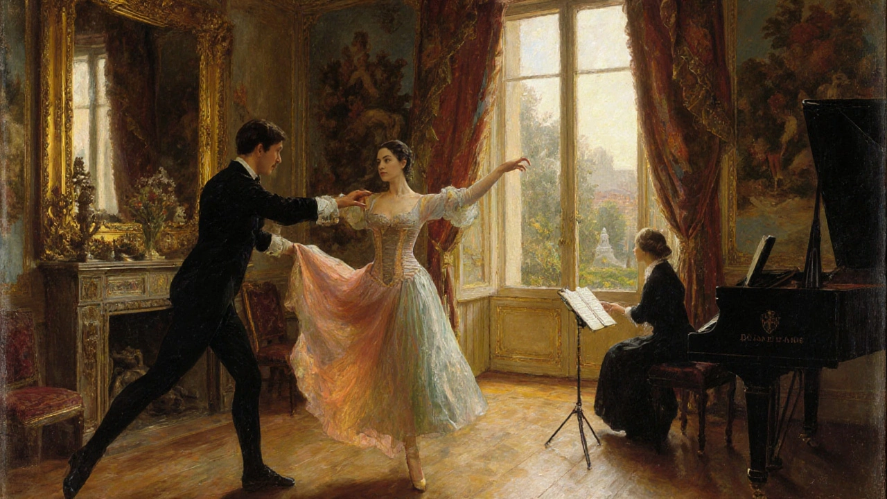 French demi‑courtisane practicing dance and language in a decorative atelier.