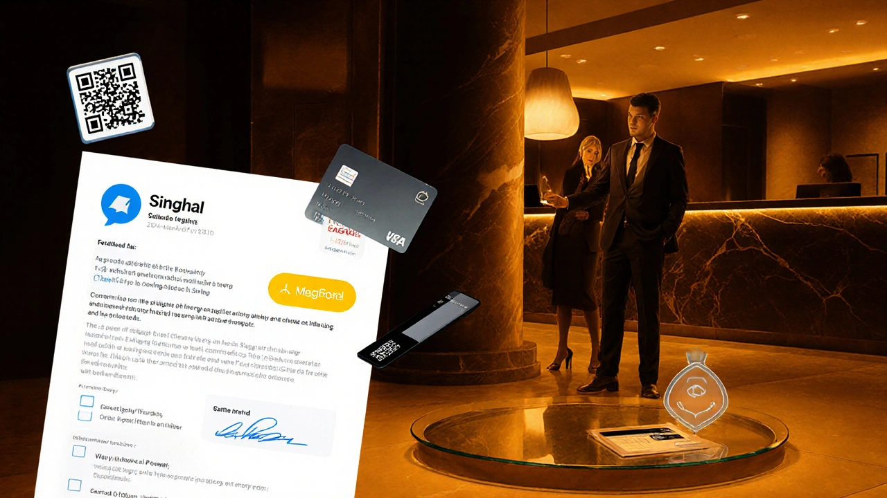 Hotel lobby scene with encrypted chat on phone, consent form, and secure payment icons.