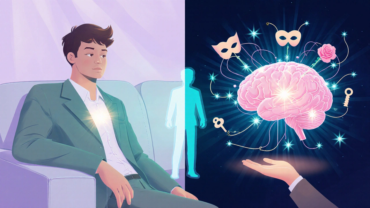 Illustration showing a relaxed man, a glowing brain with reward sparks, and an escort silhouette.
