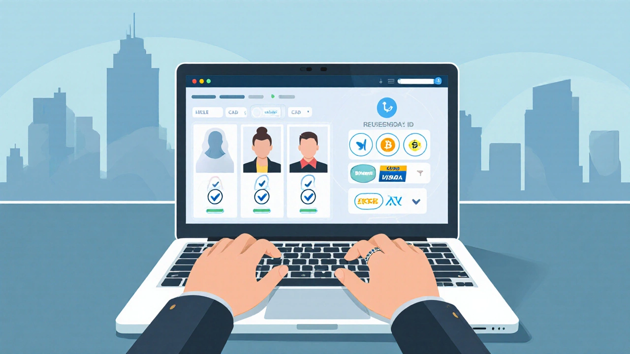 Laptop screen displays verified escort profiles and secure payment icons, hand typing.