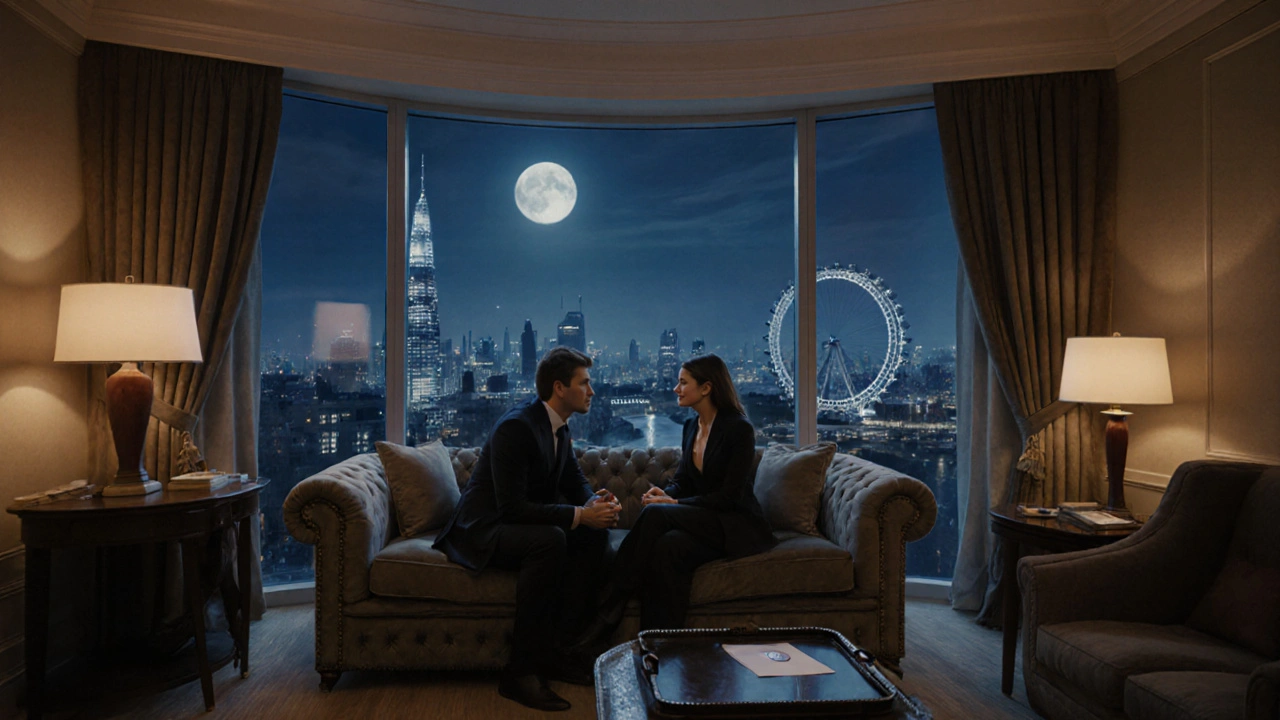 Luxurious hotel suite with client and escort conversing, London skyline visible through windows.