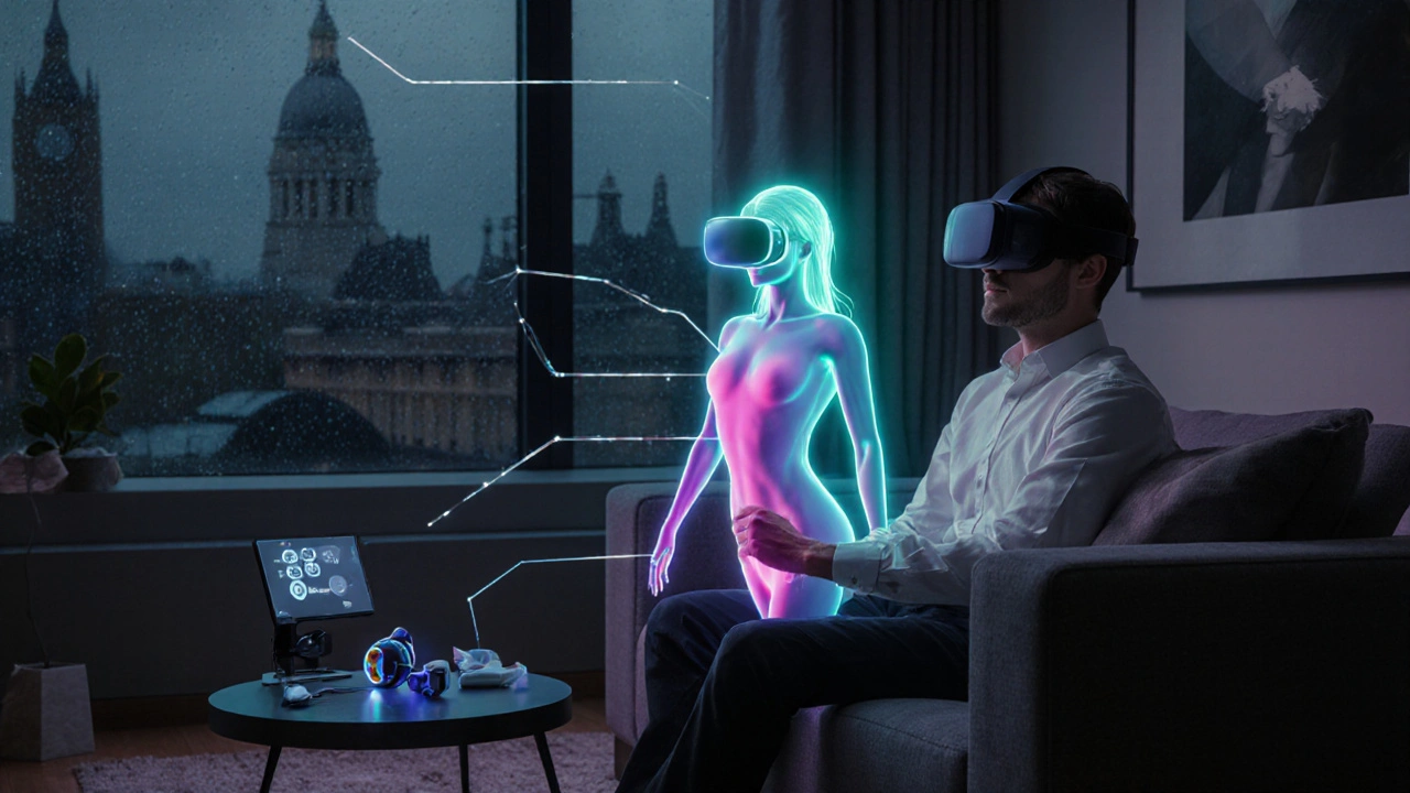 Person in VR headset interacting with a glowing virtual escort avatar at home.