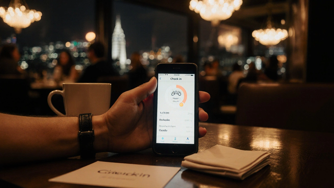 Phone displaying a check‑in reminder on a restaurant table, emphasizing safety.