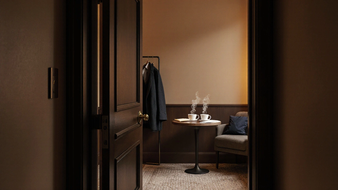 Private hotel meeting space with coffee cups on a table, suggesting a discreet encounter.