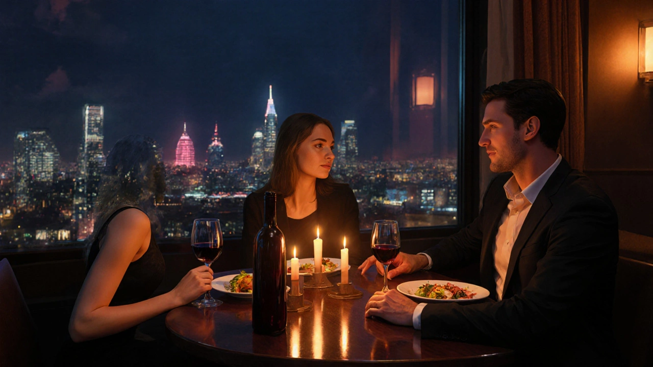 Romantic dinner date with candlelight and city skyline view in a London restaurant.