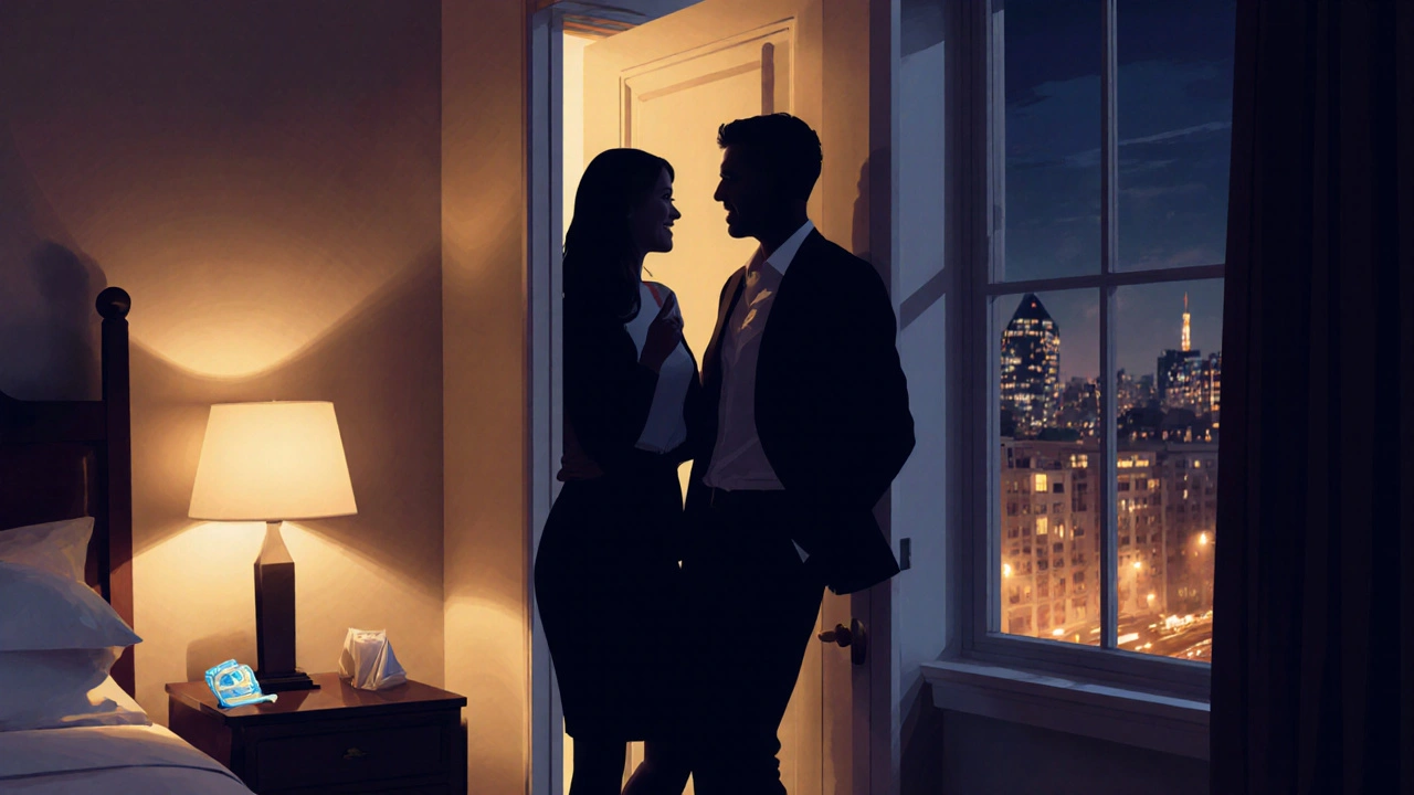 Silhouetted figures sharing a friendly smile by a hotel room door after a consensual meetup.