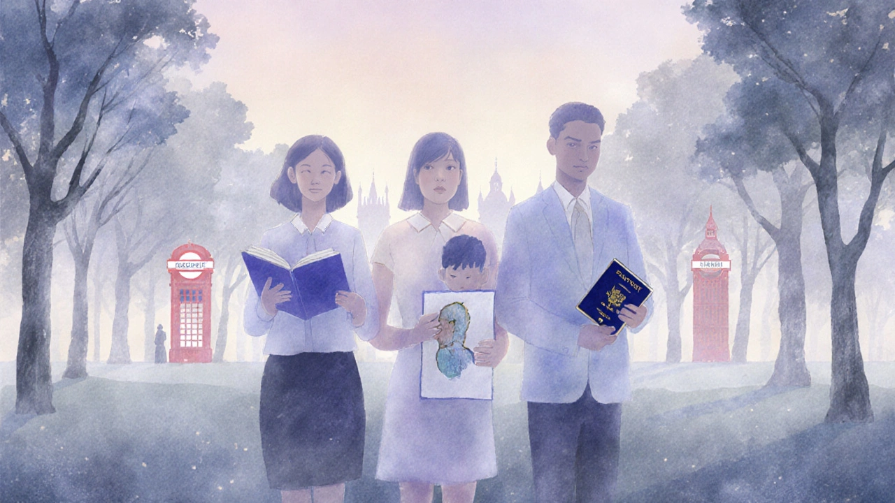 Three abstract figures symbolizing different types of companions in a misty London park at dawn.