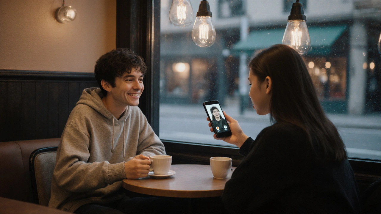 Two people in a café verifying each other via a phone video call before meeting.