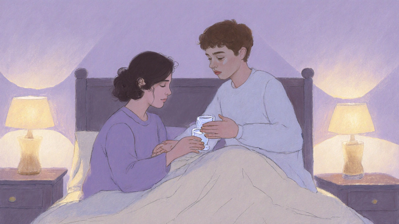 Two people sharing a hug and a glass of water in a softly lit bedroom, depicting aftercare.