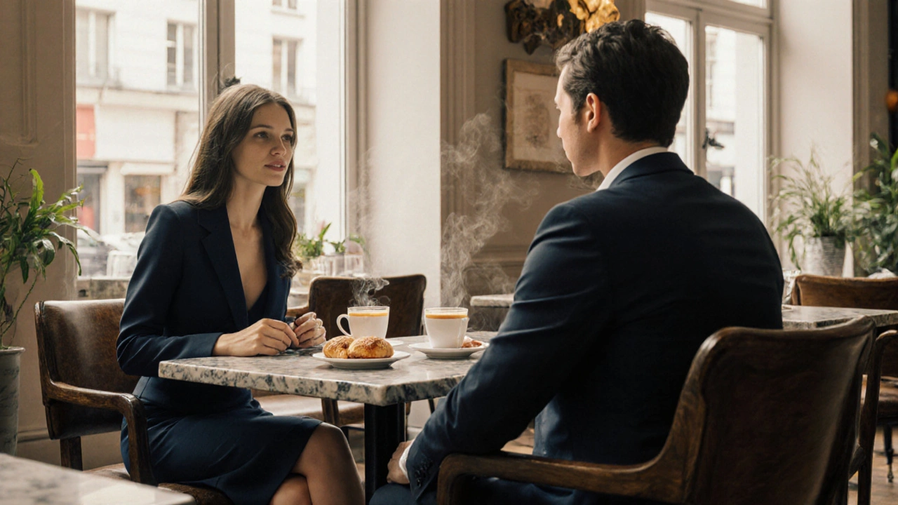 Two well‑dressed companions sharing coffee at an upscale London café.