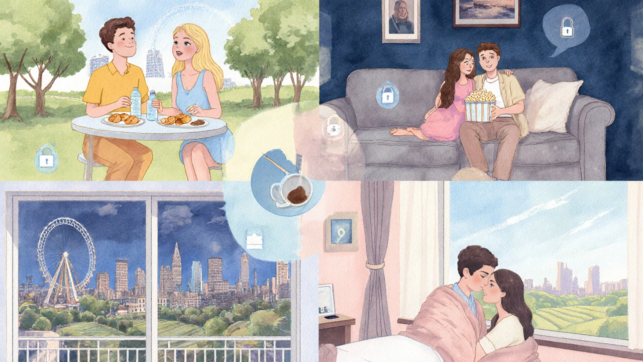 Watercolor collage of various girlfriend experience activities across London.