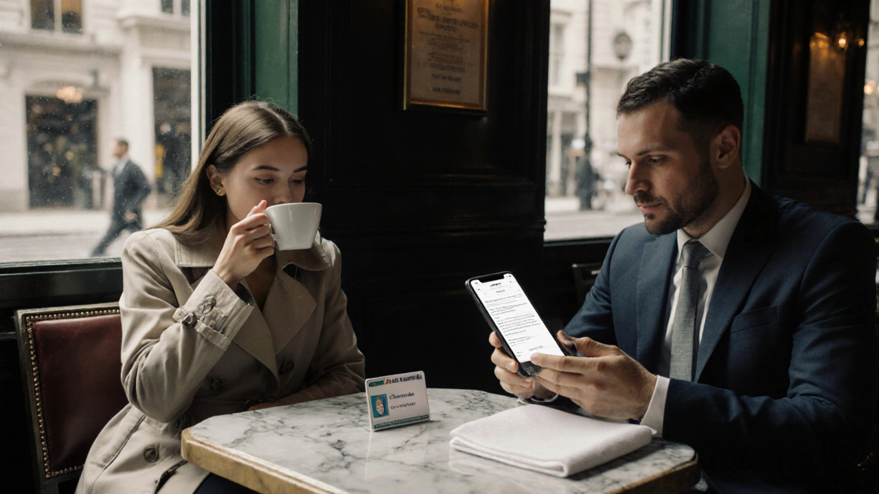 Woman and man meeting at a café, showing ID and escrow confirmation on a phone.