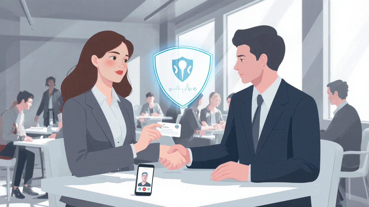 Woman handing a business card in a modern café, symbolizing safety and verification.