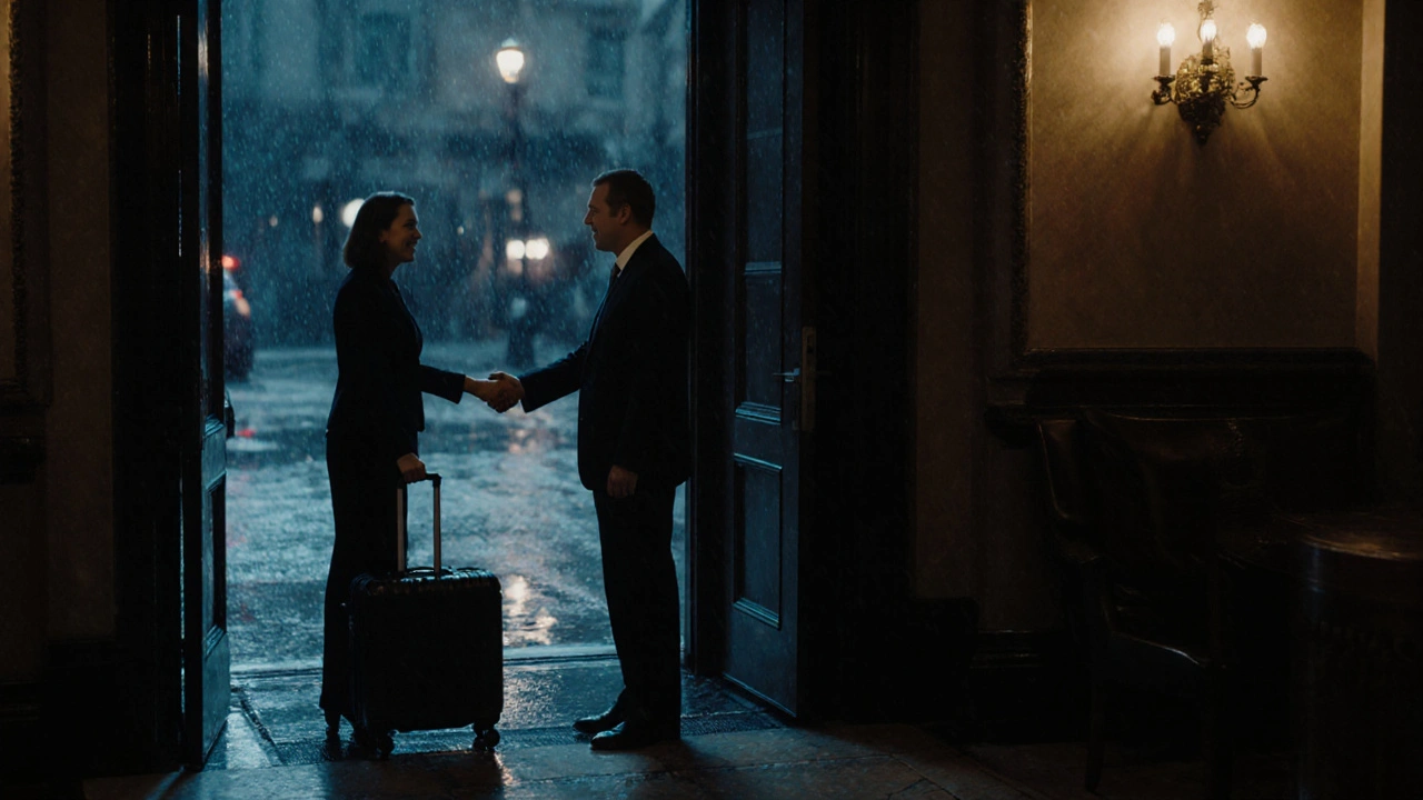 A client and escort parting respectfully in a quiet Edinburgh hotel lobby at night, conveying discretion and dignity.