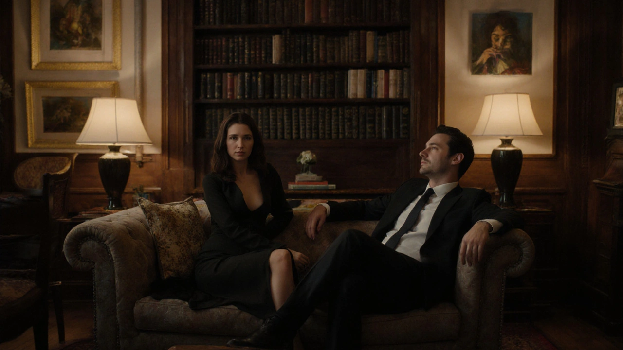 A client and escort sitting together respectfully in a cozy London apartment.