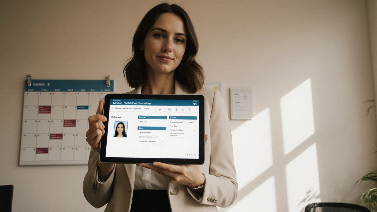 A confident woman in a modern office reviewing a secure escort site booking interface on a tablet.