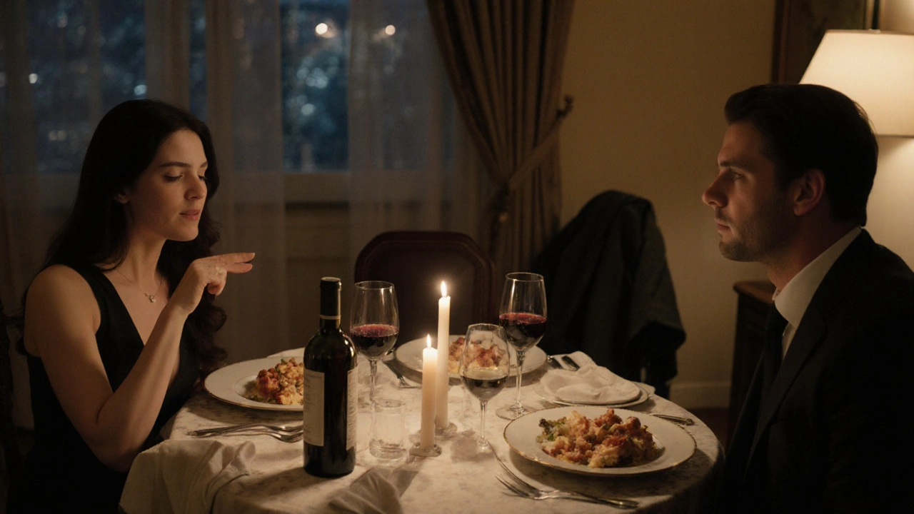 A couple shares a quiet dinner by candlelight, conveying comfort and routine without intimacy.