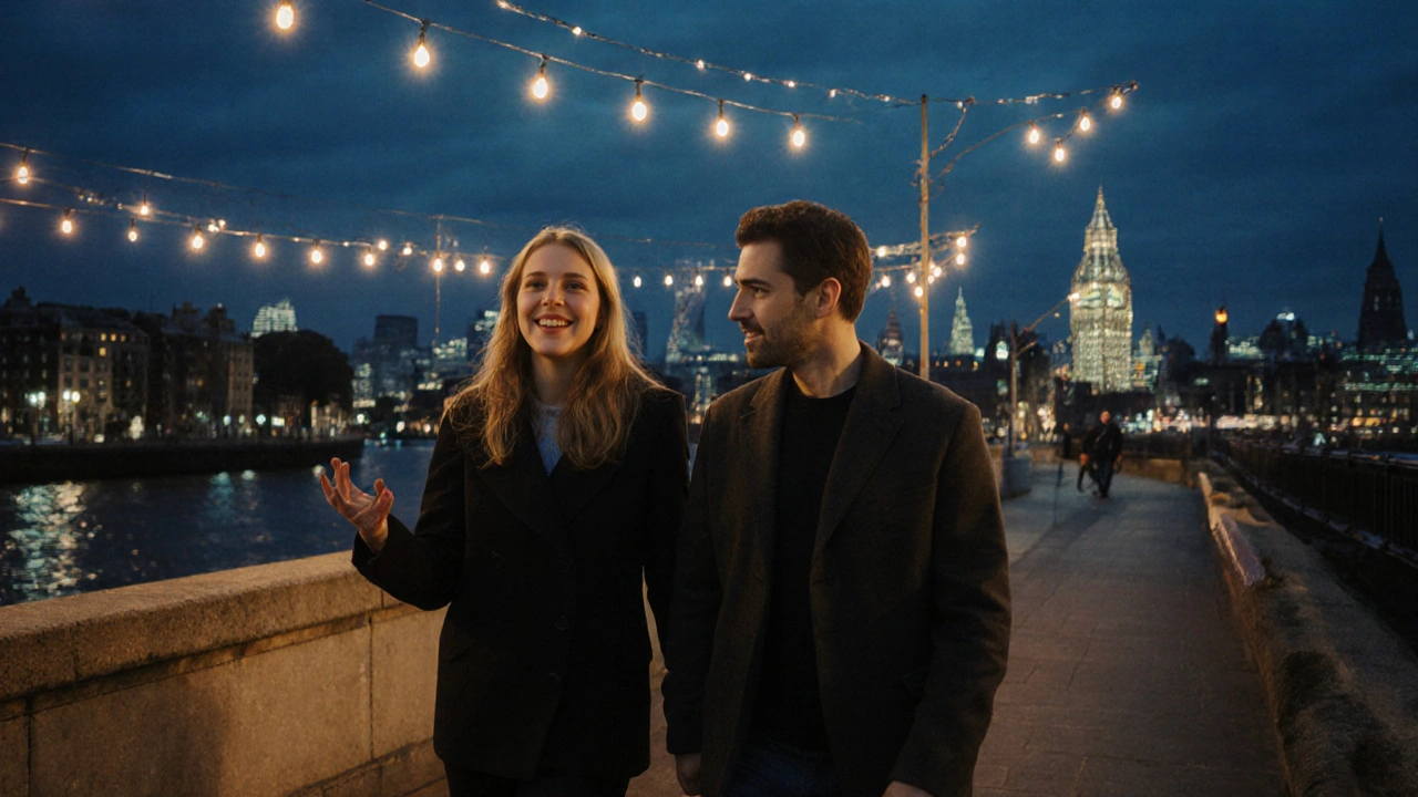 A couple walking peacefully along the Thames at night, enjoying the city lights.