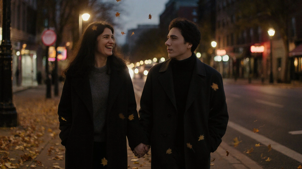 A couple walking side by side at twilight, sharing a quiet moment under city streetlights.