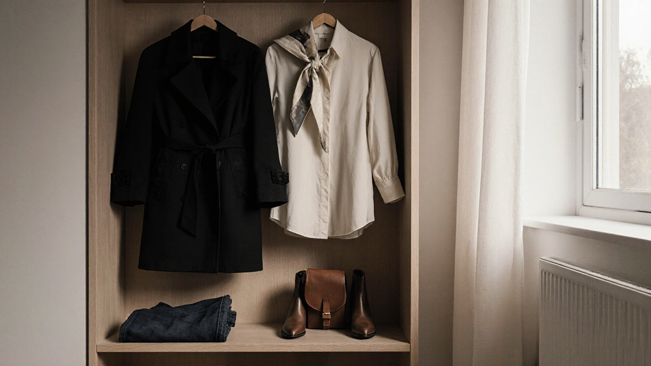 A curated capsule wardrobe on a wooden shelf: trench coat, silk blouse, denim, boots, and scarf—all neatly arranged in neutral tones.