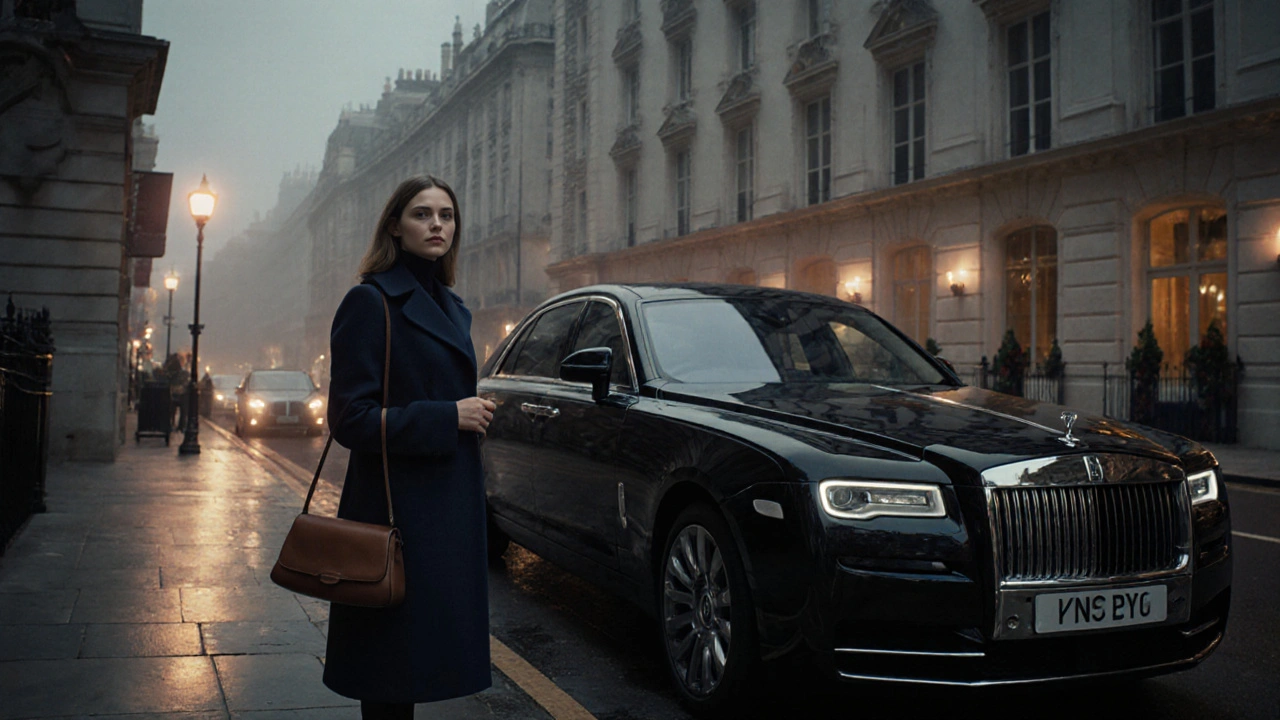 A discreet luxury sedan with a professionally dressed woman waiting outside a high-end hotel in London.