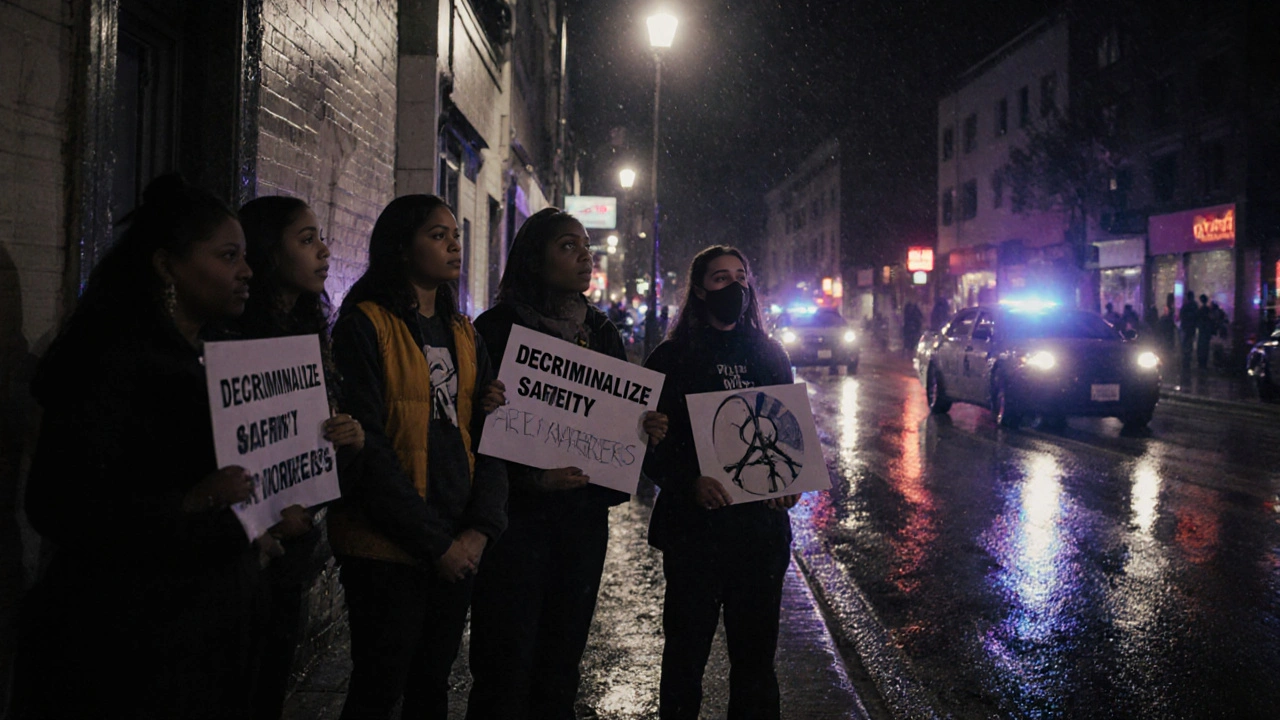 A group of sex workers in an alley holding signs, with police cars in the distance.