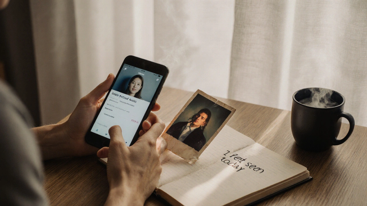A hand holding a phone with a companion service profile, next to a photo of a lost loved one.