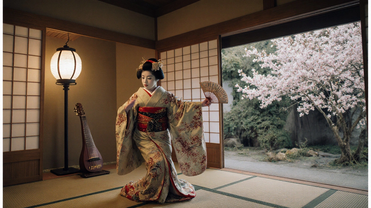 A Japanese geisha performing a traditional dance in a quiet tea house, illuminated by soft lantern light.