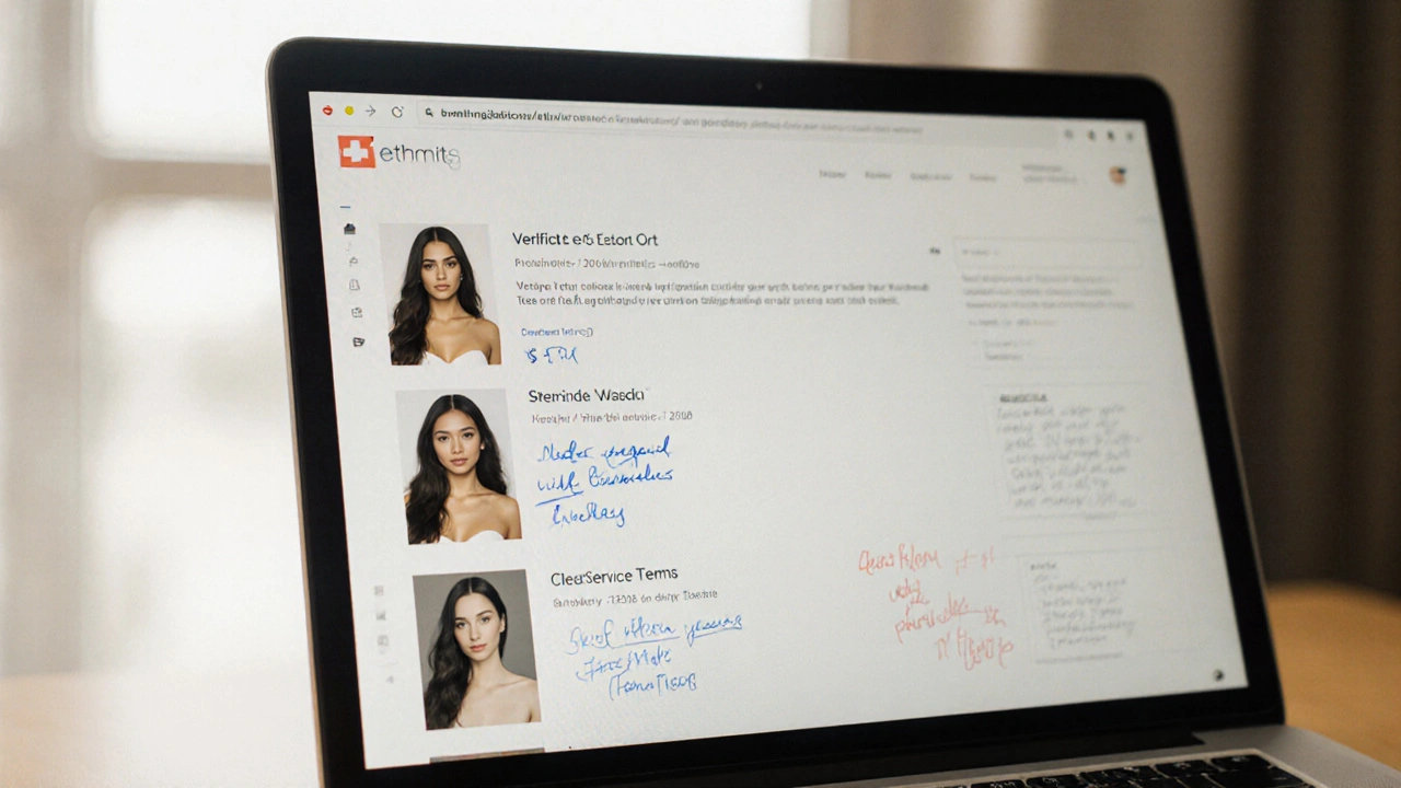 A laptop screen displays a professional escort&#039;s verified profile with real photos and handwritten verification notes.