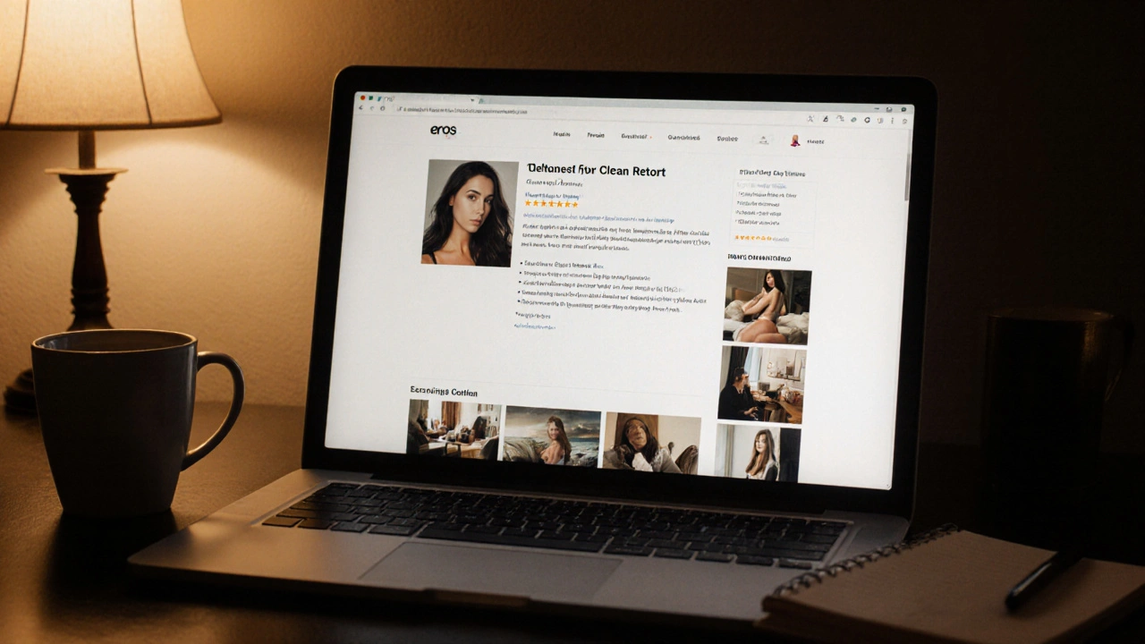A laptop screen showing a verified escort profile with clear photos and user reviews.